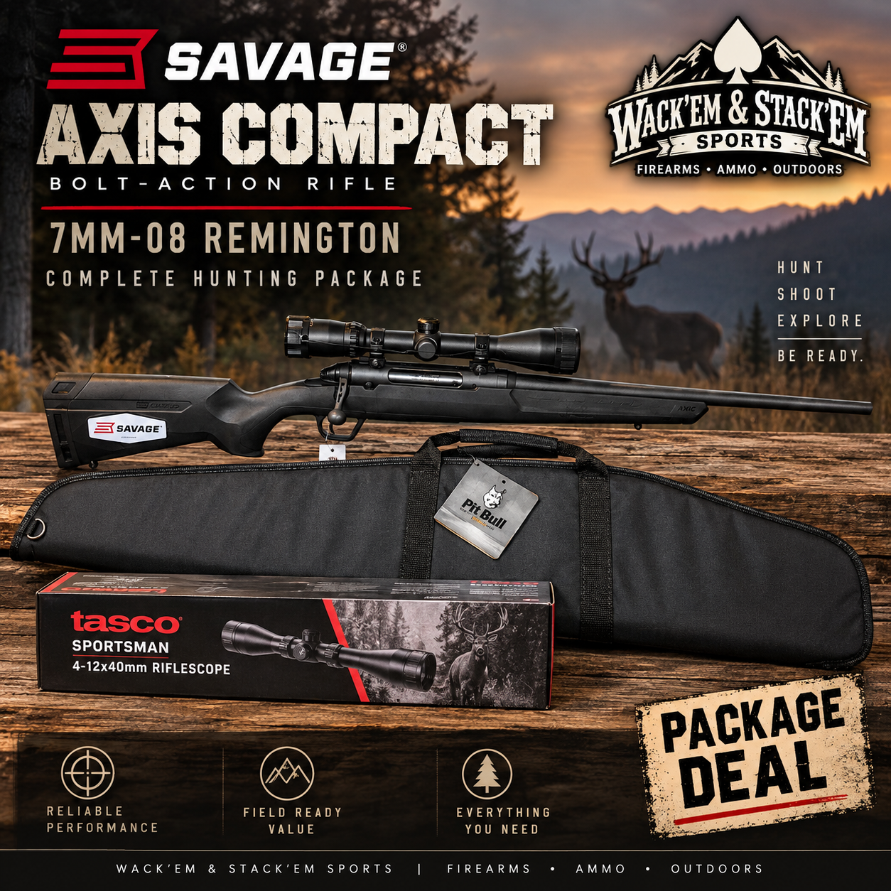 avage Axis Compact 7mm-08 Package with Tasco Scope and Bulldog Rifle Case