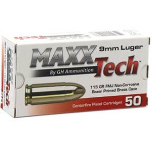 MaxxTech 9mm Luger 115 Grain FMJ Brass Case Ammunition 50 Rounds