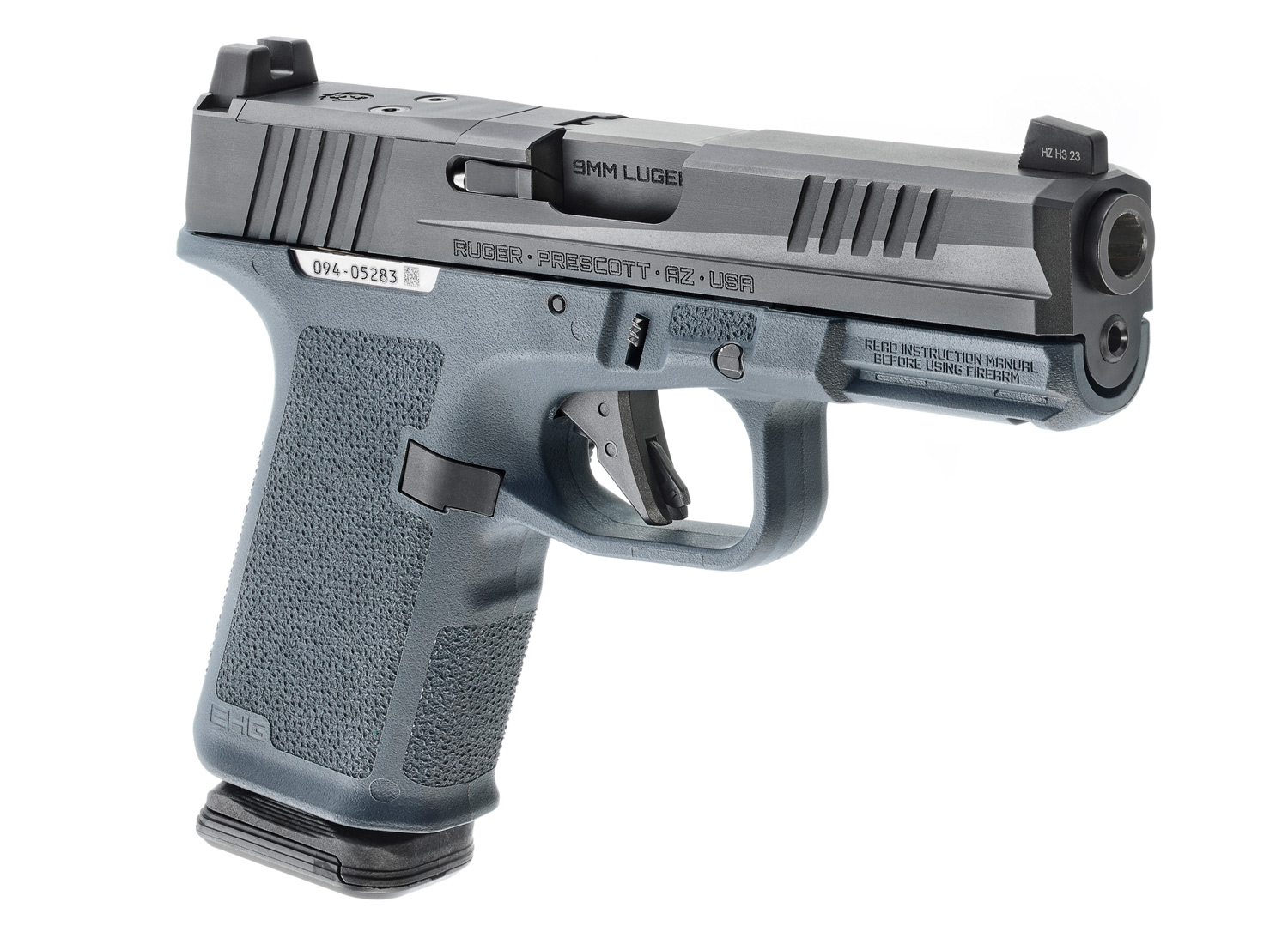 Ruger RXM 9mm Luger semi-automatic pistol with black slide, Stealth Gray Magpul grip module, 4-inch barrel and optics-ready design